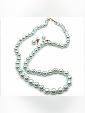Mint Green Vintage Faux Pearl Set Necklace & Double Ball Dangle Earrings